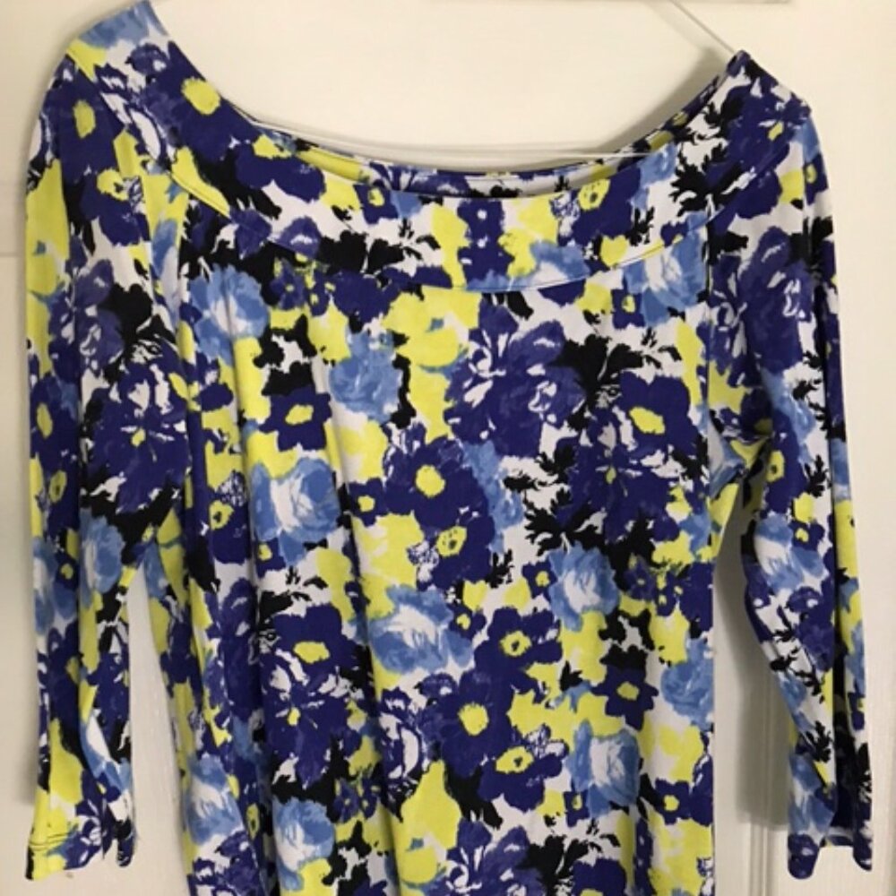 Rafaella Floral Blue & Yellow 3/4 Sleeve Top Size M